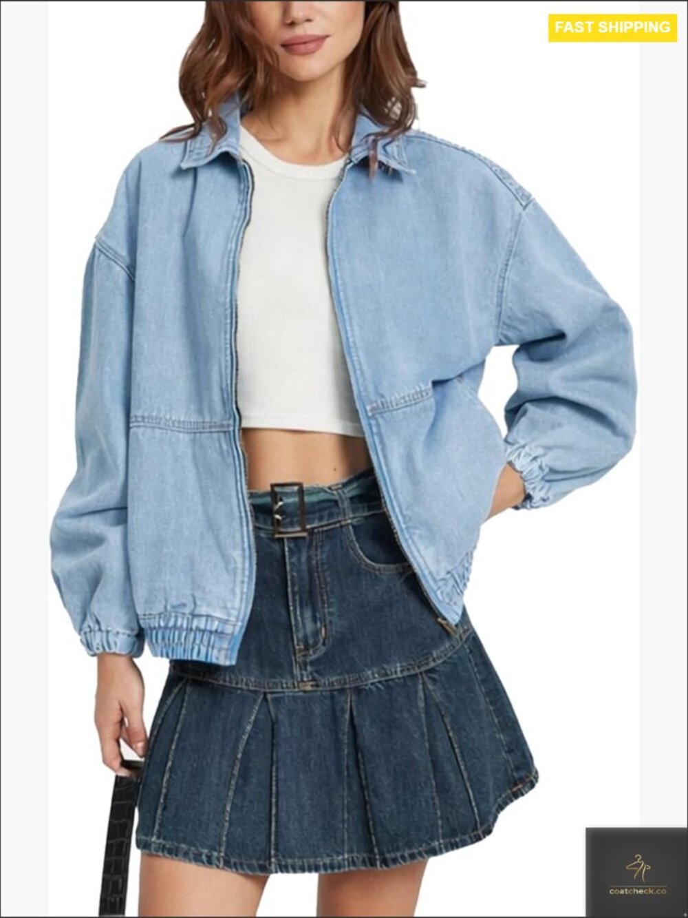Oversized Denim Bomber Jacket Zip Up Classic Casual Loose Fit Crop Jean Jacket